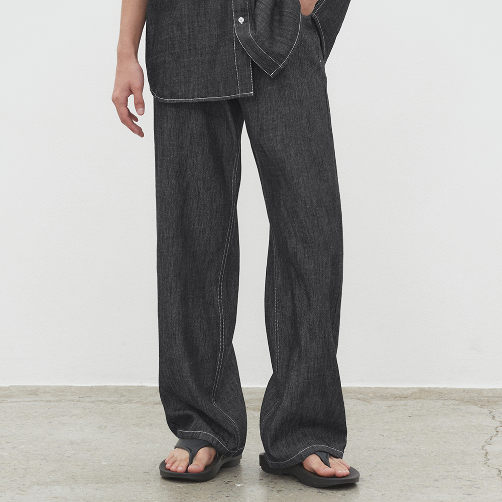 [린넨라이크데님]Linen Like Mid Rise Wide Jeans DCPT039RawBlack
